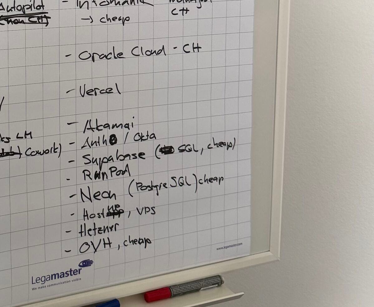 A close-up of the flip chart showing the Others column. Readable are Infomaniak annotated cheap, managed and CH, Oracle Cloud with CH, Vercel, Akamai, Auth0 and Okta, Supabase, RunPod, Neon, Hostinger, Hetzner and OVH.