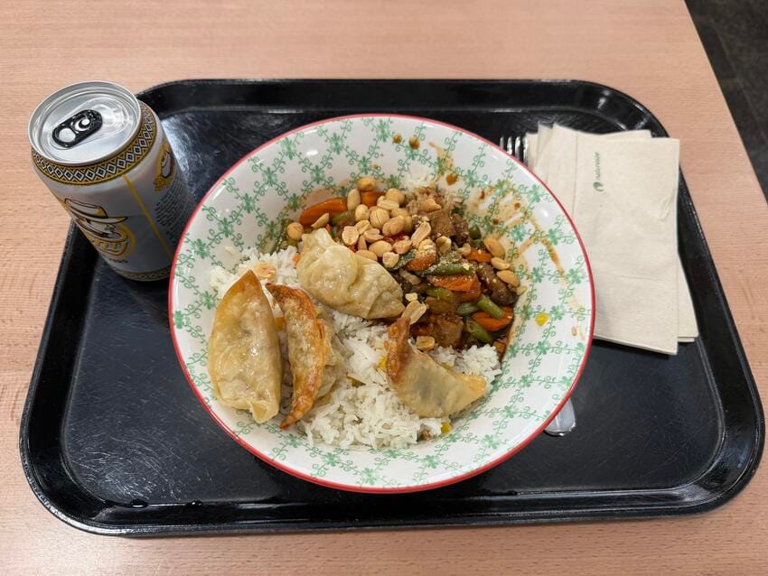 A tray with a plate of rice, gyoza and vegetable curry, next to a drinks can and a paper napkin.